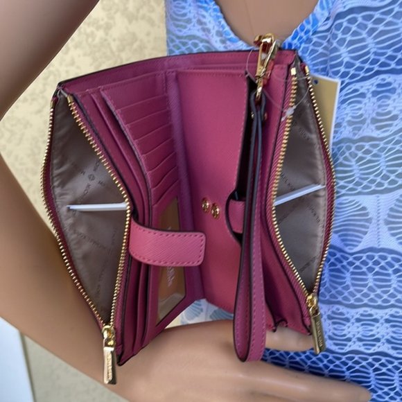 Michael Kors Jet Set Travel Large Double Zip Wristlet Wallet Rosewood Leather - Picture 5 of 16